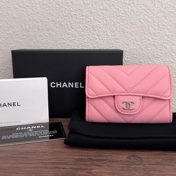 CHANEL Handbags - ❌SOLD❌CHANEL Chevron Quilted Caviar Leather Card Wallet in Pink